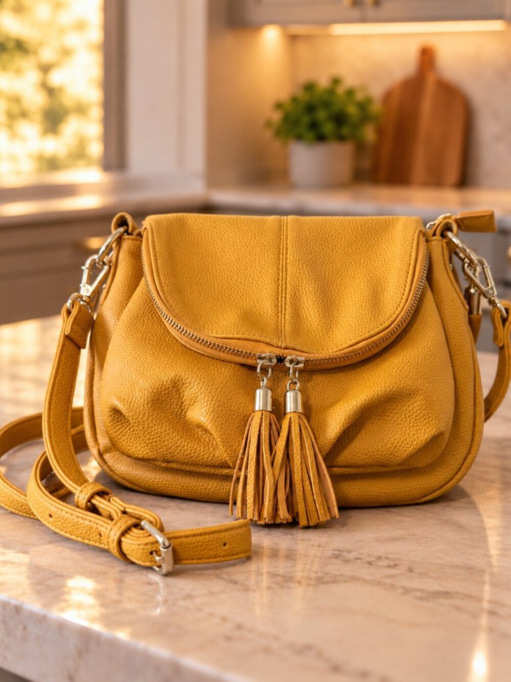 Jeane & Jax Mustard Yellow Crossbody Bag | Tassel Vegan Leather Purse